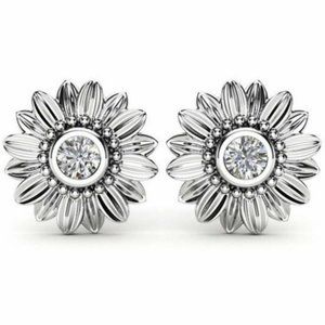 Sterling Silver Diamond Sunflower Stud Earrings